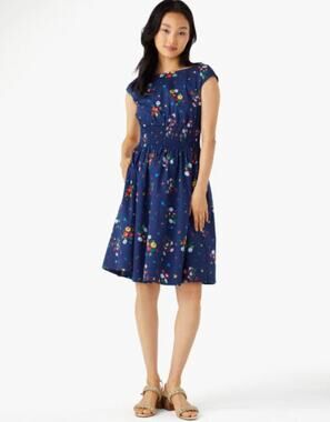 NWT Kate Spade Bouquet Toss Blaire Navy Floral Smocked Cotton Dress Large